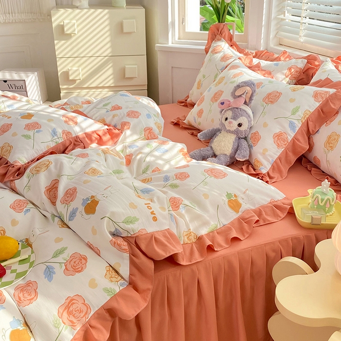 91家纺网 家纺一手货源 找家纺 梦之岛  2023新款棉麻水洗双层纱床裙四件套 玫瑰小兔