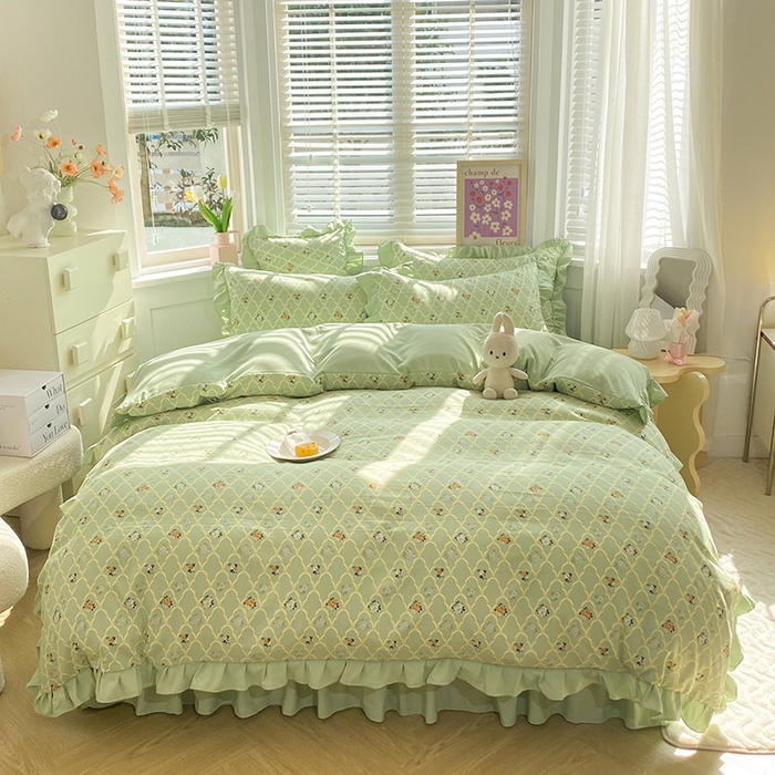 91家纺网 家纺一手货源 找家纺 梦之岛  2023新款棉麻水洗双层纱床裙四件套 慕青