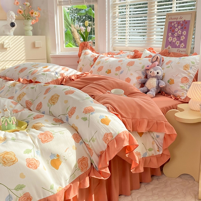 91家纺网 家纺一手货源 找家纺 梦之岛  2023新款棉麻水洗双层纱床裙四件套 玫瑰小兔