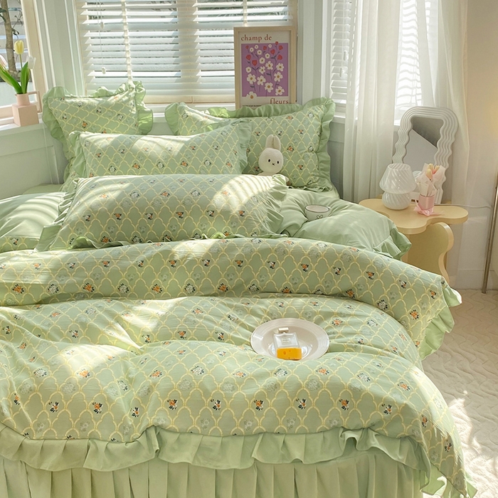 91家纺网 家纺一手货源 找家纺 梦之岛  2023新款棉麻水洗双层纱床裙四件套 慕青