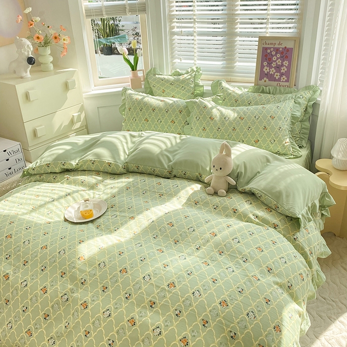 91家纺网 家纺一手货源 找家纺 梦之岛  2023新款棉麻水洗双层纱床裙四件套 慕青