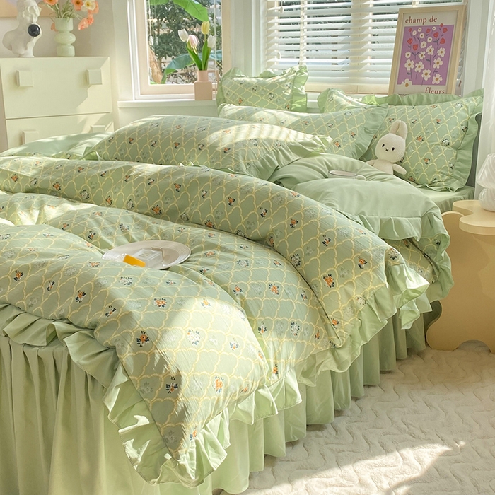 91家纺网 家纺一手货源 找家纺 梦之岛  2023新款棉麻水洗双层纱床裙四件套 慕青