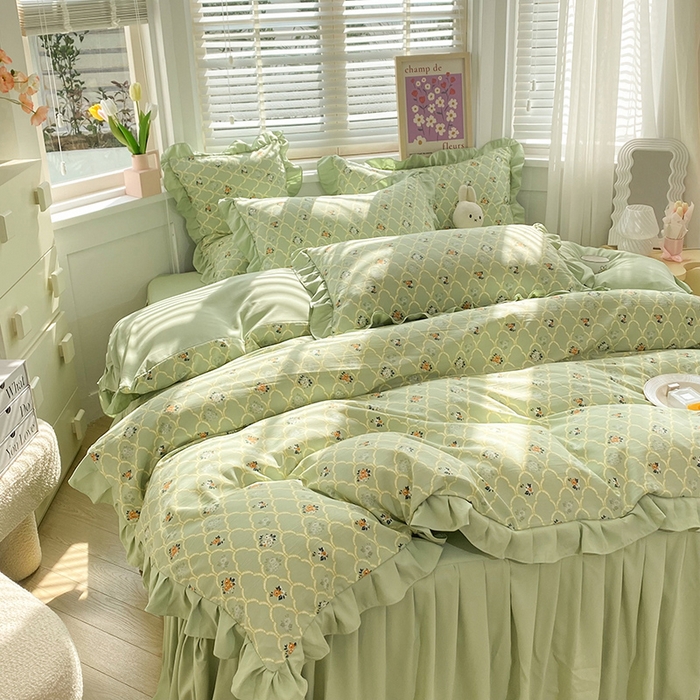 91家纺网 家纺一手货源 找家纺 梦之岛  2023新款棉麻水洗双层纱床裙四件套 慕青