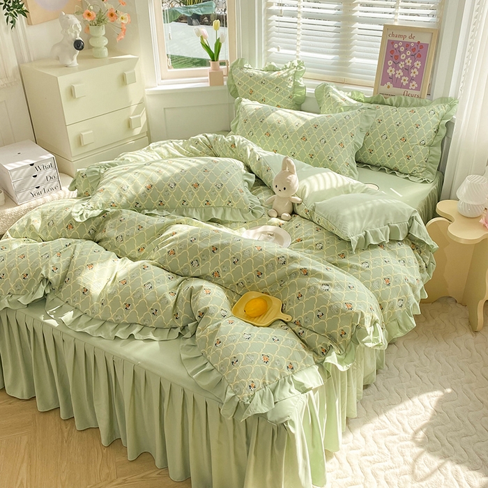 91家纺网 家纺一手货源 找家纺 梦之岛  2023新款棉麻水洗双层纱床裙四件套 慕青