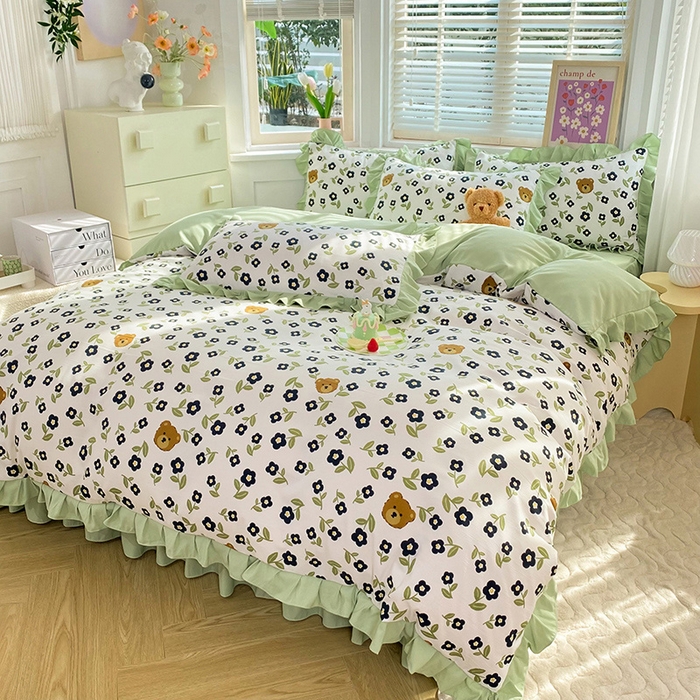 91家纺网 家纺一手货源 找家纺 梦之岛  2023新款棉麻水洗双层纱床裙四件套 幸运熊