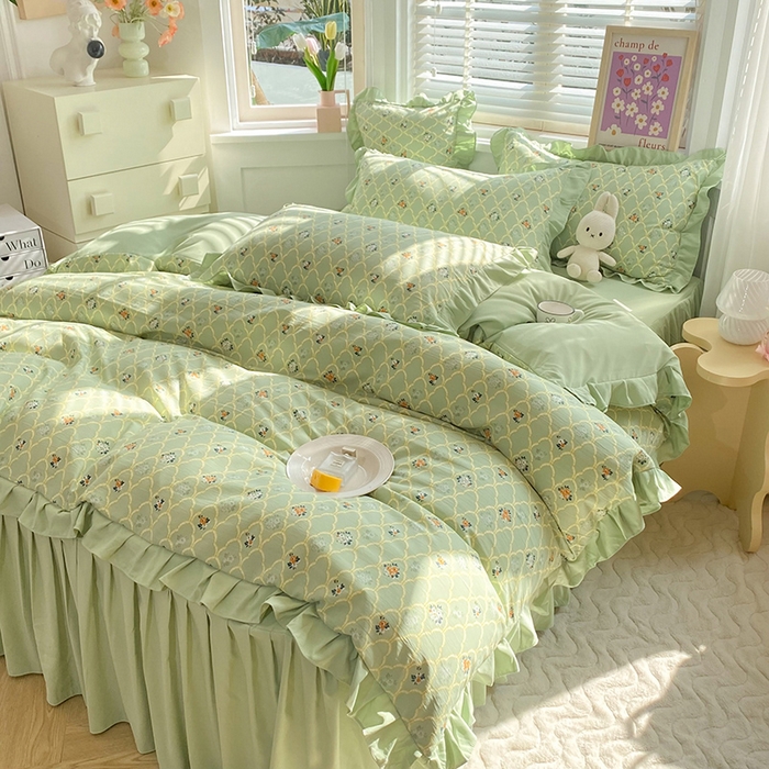 91家纺网 家纺一手货源 找家纺 梦之岛  2023新款棉麻水洗双层纱床裙四件套 慕青