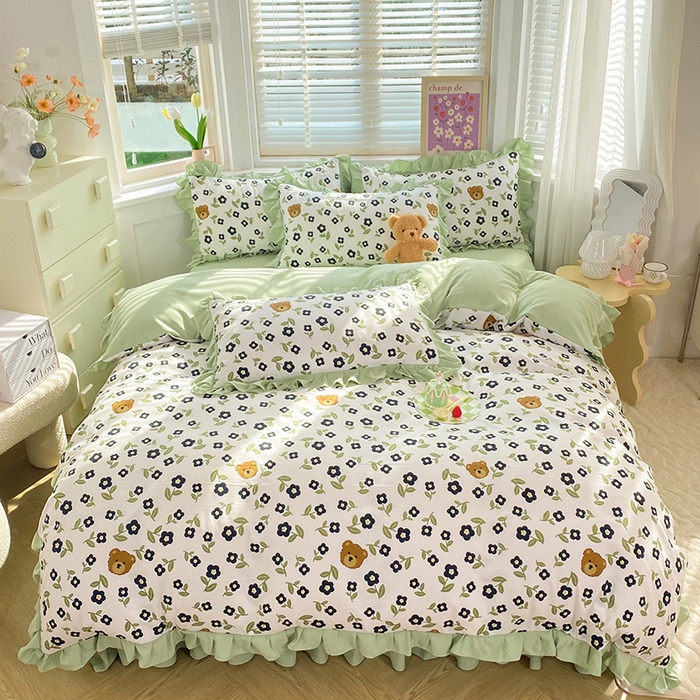 91家纺网 家纺一手货源 找家纺 梦之岛  2023新款棉麻水洗双层纱床裙四件套 幸运熊