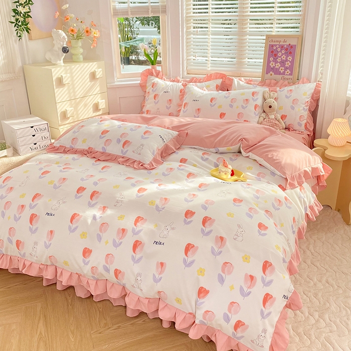 91家纺网 家纺一手货源 找家纺 梦之岛  2023新款棉麻水洗双层纱床裙四件套 郁金香