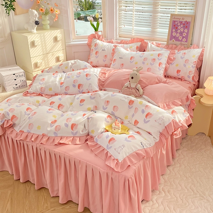 91家纺网 家纺一手货源 找家纺 梦之岛  2023新款棉麻水洗双层纱床裙四件套 郁金香