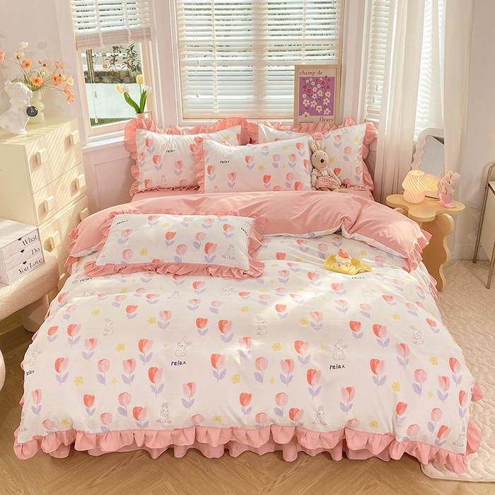 91家纺网 家纺一手货源 找家纺 梦之岛  2023新款棉麻水洗双层纱床裙四件套 郁金香