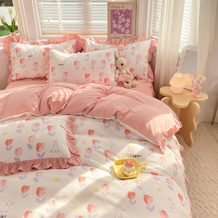 91家纺网 家纺一手货源 找家纺 梦之岛  2023新款棉麻水洗双层纱床裙四件套 郁金香