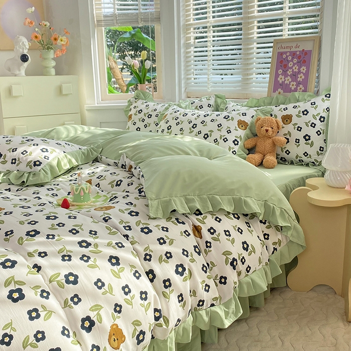 91家纺网 家纺一手货源 找家纺 梦之岛  2023新款棉麻水洗双层纱床裙四件套 幸运熊