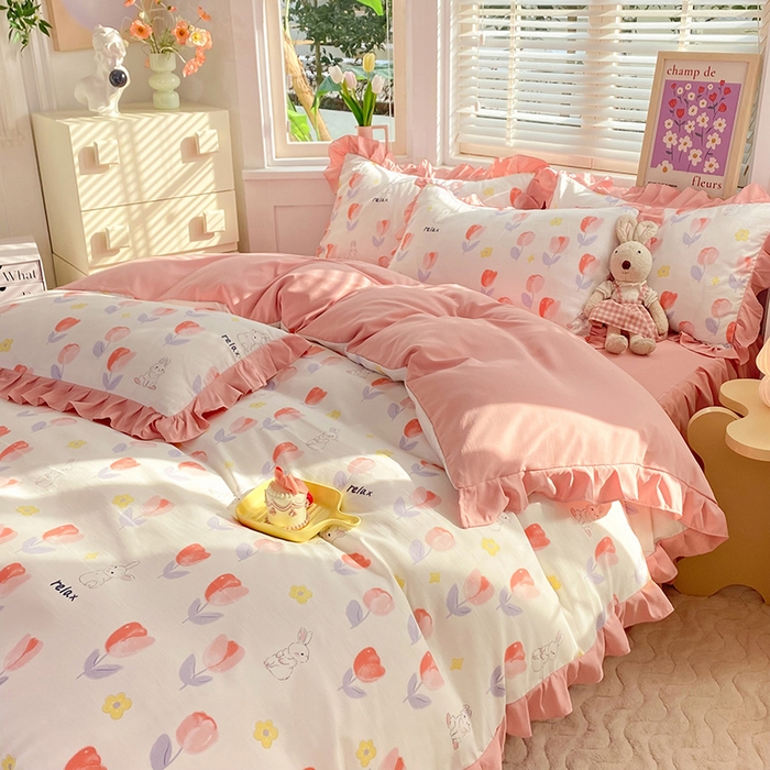 91家纺网 家纺一手货源 找家纺 梦之岛  2023新款棉麻水洗双层纱床裙四件套 郁金香