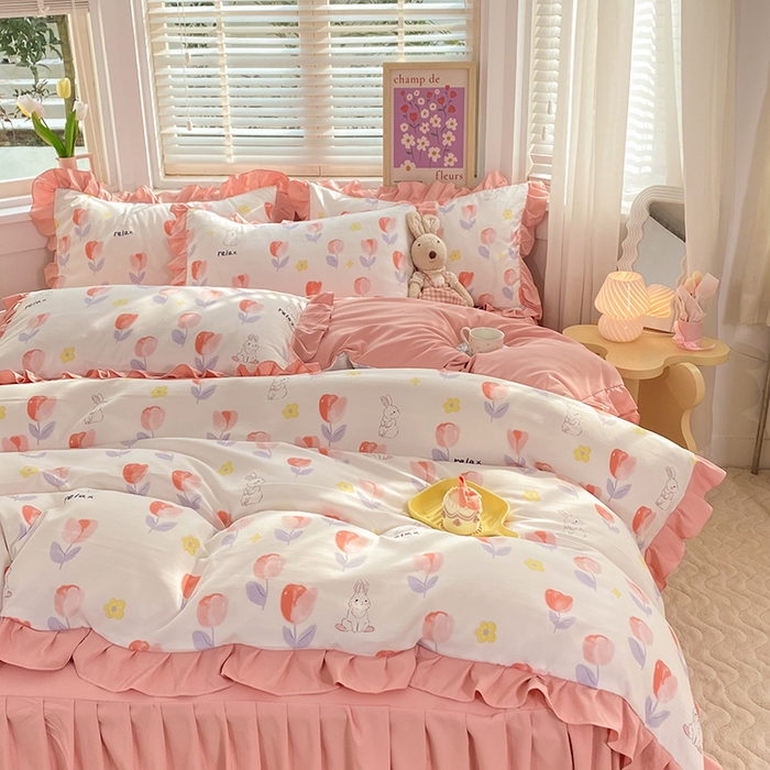 91家纺网 家纺一手货源 找家纺 梦之岛  2023新款棉麻水洗双层纱床裙四件套 郁金香