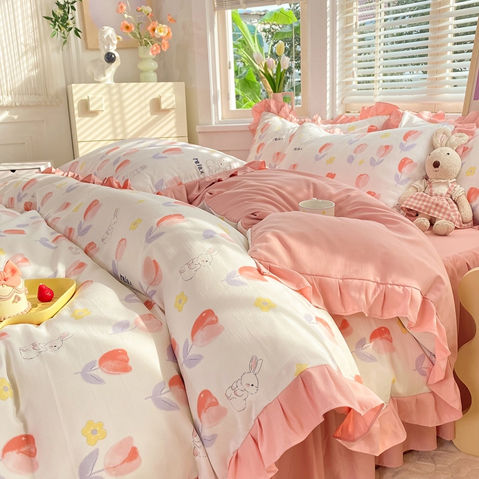 91家纺网 家纺一手货源 找家纺 梦之岛  2023新款棉麻水洗双层纱床裙四件套 郁金香