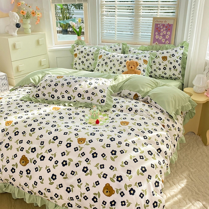 91家纺网 家纺一手货源 找家纺 梦之岛  2023新款棉麻水洗双层纱床裙四件套 幸运熊