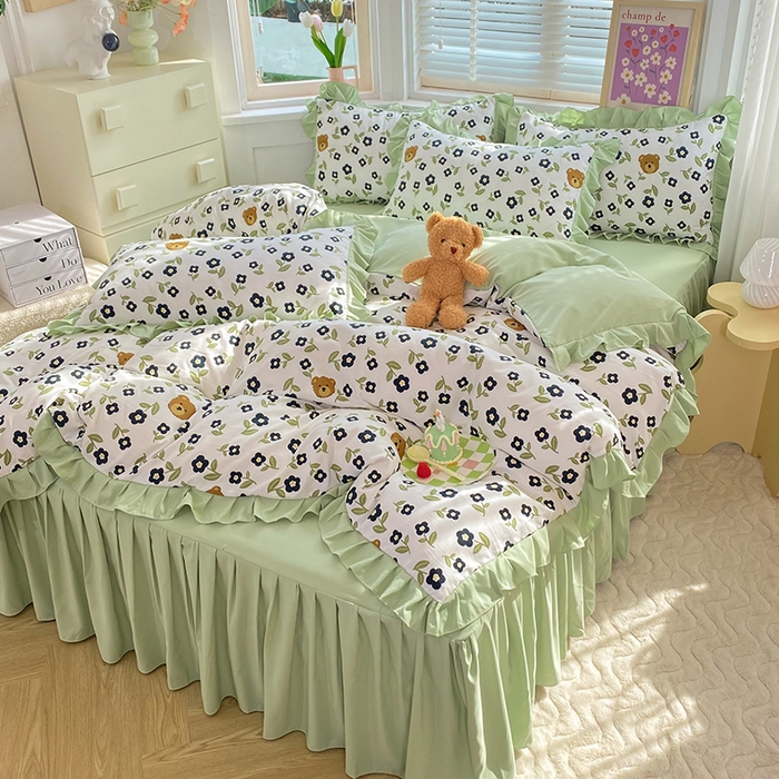 91家纺网 家纺一手货源 找家纺 梦之岛  2023新款棉麻水洗双层纱床裙四件套 幸运熊