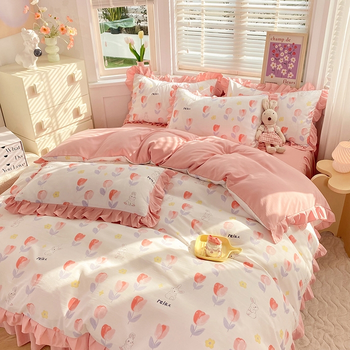 91家纺网 家纺一手货源 找家纺 梦之岛  2023新款棉麻水洗双层纱床裙四件套 郁金香