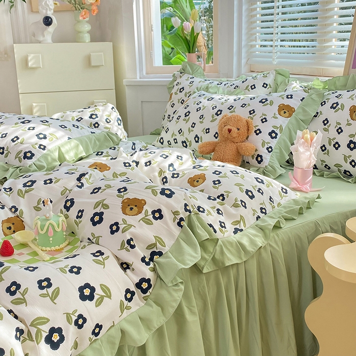 91家纺网 家纺一手货源 找家纺 梦之岛  2023新款棉麻水洗双层纱床裙四件套 幸运熊