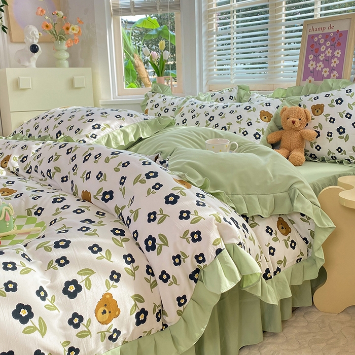 91家纺网 家纺一手货源 找家纺 梦之岛  2023新款棉麻水洗双层纱床裙四件套 幸运熊