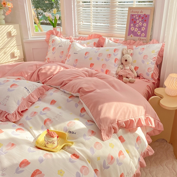 91家纺网 家纺一手货源 找家纺 梦之岛  2023新款棉麻水洗双层纱床裙四件套 郁金香