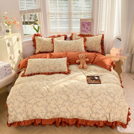 91家纺网 家纺一手货源 找家纺 （总）梦之岛  2023新款棉麻水洗双层纱床裙四件套