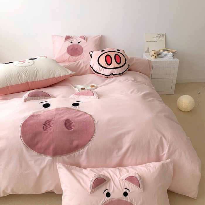 91家纺网 家纺一手货源 找家纺 朗莎 2023新款迪士尼系列水洗棉四件套 粉猪