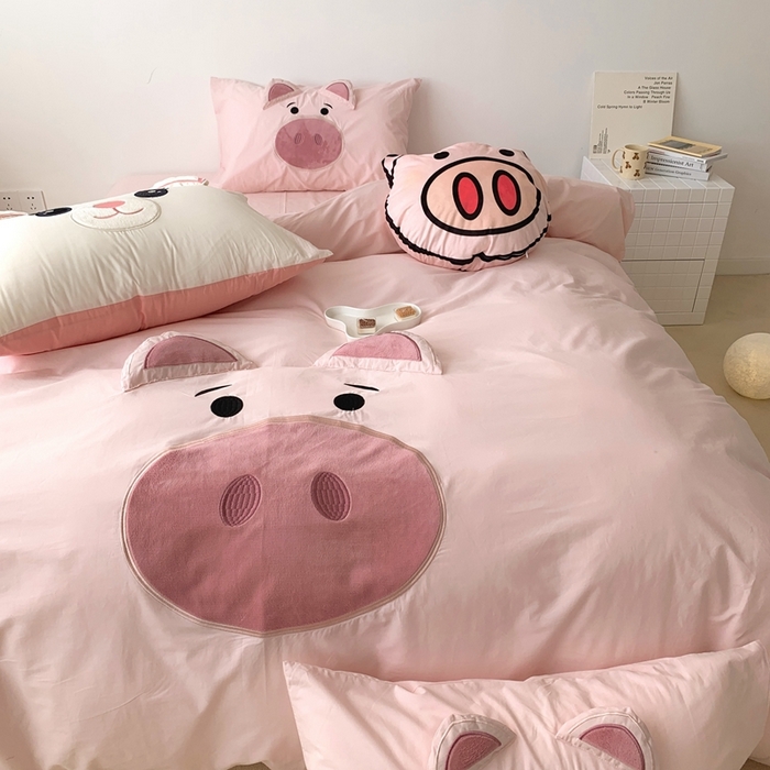 91家纺网 家纺一手货源 找家纺 朗莎 2023新款迪士尼系列水洗棉四件套 粉猪