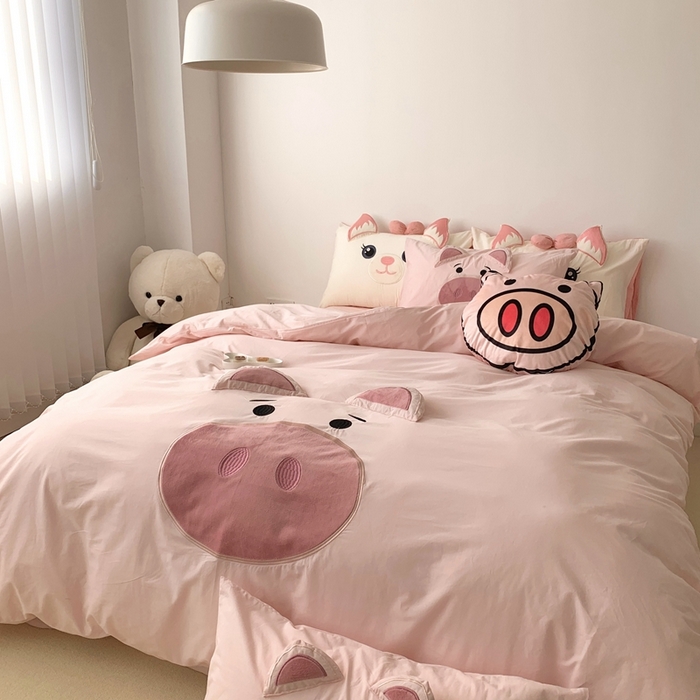 91家纺网 家纺一手货源 找家纺 朗莎 2023新款迪士尼系列水洗棉四件套 粉猪