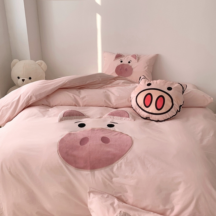 91家纺网 家纺一手货源 找家纺 朗莎 2023新款迪士尼系列水洗棉四件套 粉猪