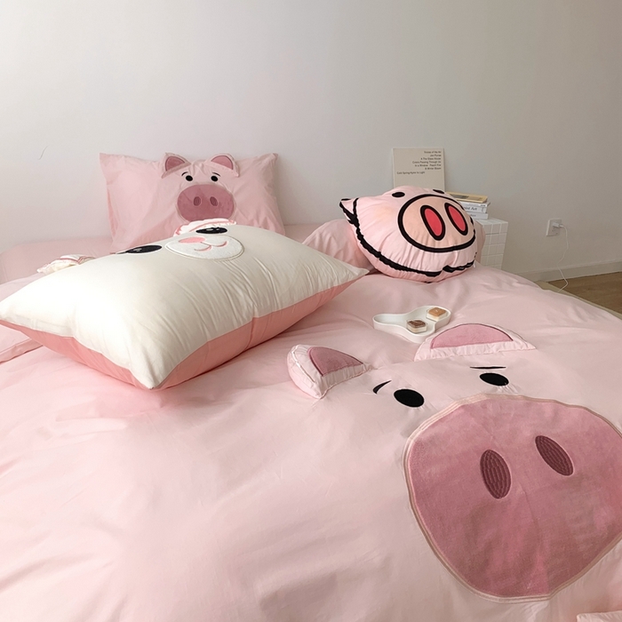 91家纺网 家纺一手货源 找家纺 朗莎 2023新款迪士尼系列水洗棉四件套 粉猪