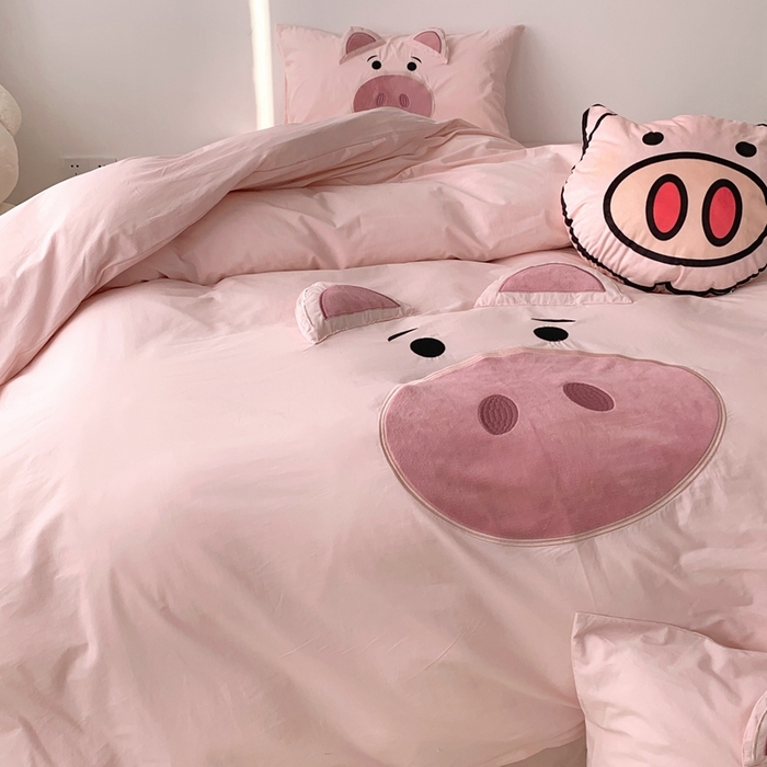 91家纺网 家纺一手货源 找家纺 朗莎 2023新款迪士尼系列水洗棉四件套 粉猪