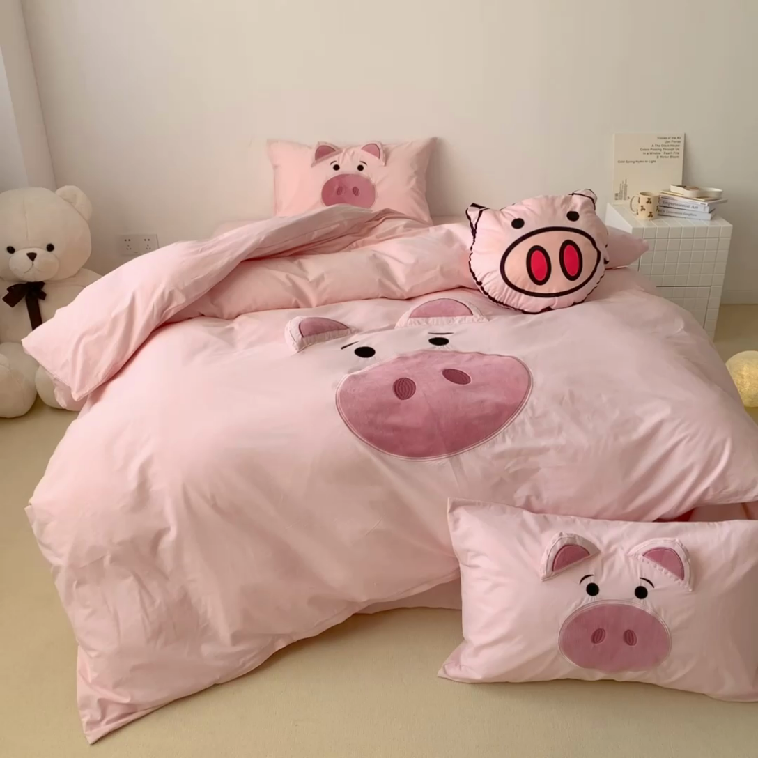 91家纺网 家纺一手货源 找家纺 朗莎 2023新款迪士尼系列水洗棉四件套 粉猪