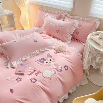 91家纺网 家纺一手货源 找家纺 （总）芯贝儿2024新款小清新卡通贴布绣水洗m毛巾绣花四件套