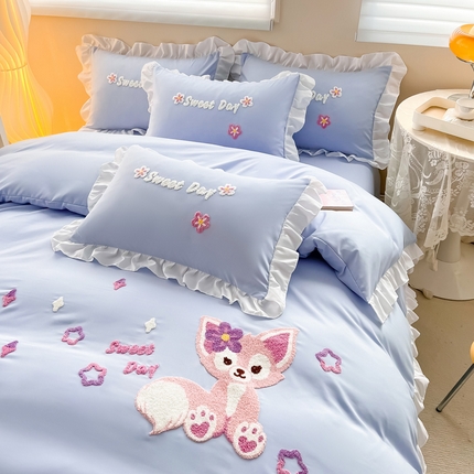 91家纺网 家纺一手货源 找家纺 （总）芯贝儿2024新款小清新卡通贴布绣水洗m毛巾绣花四件套