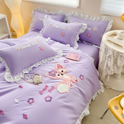91家纺网 家纺一手货源 找家纺 芯贝儿2023小清新卡通贴布绣水洗m毛巾绣花四件套 贝玲娜--香芋紫
