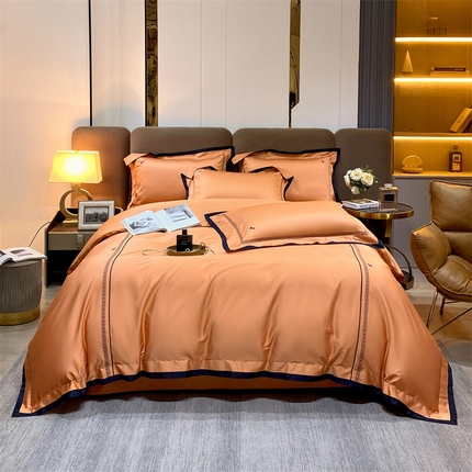 91家纺网 家纺一手货源 找家纺 鼎飞 2023新款全棉澳棉拼接绣花四件套--丹妮系列 丹妮-金桔橙