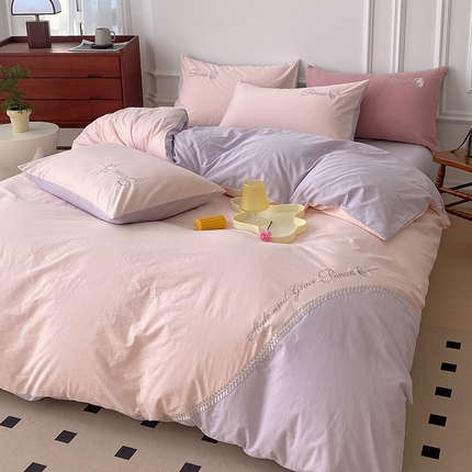 91家纺网 家纺一手货源 找家纺 拼社家纺 全棉水洗棉贴布绣四件套刺绣纯棉床上用品 丁香粉紫