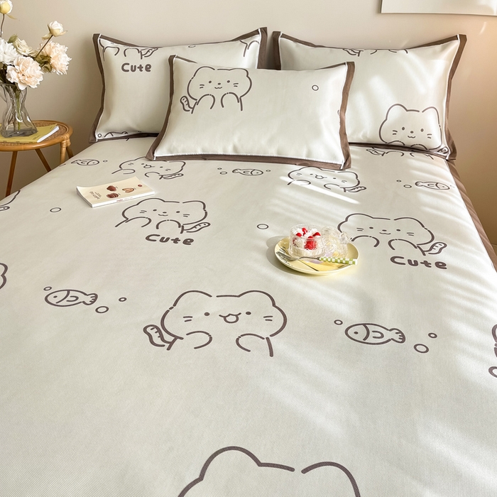 91家纺网 家纺一手货源 找家纺 懒猫 2024新款600D数码印花冰丝席 小猫爱鱼-咖