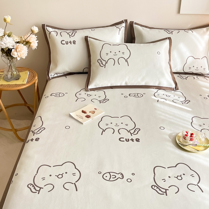 91家纺网 家纺一手货源 找家纺 懒猫 2024新款600D数码印花冰丝席 小猫爱鱼-咖