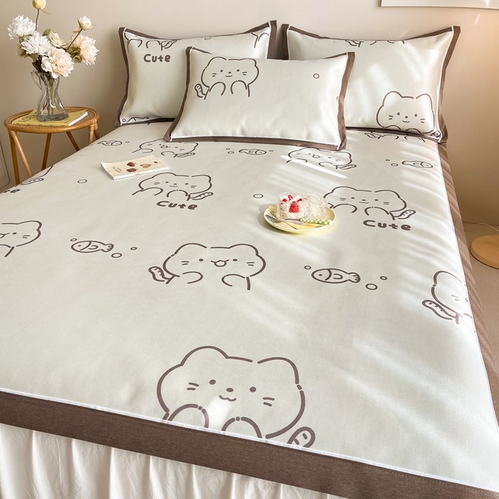 91家纺网 家纺一手货源 找家纺 懒猫 2024新款600D数码印花冰丝席 小猫爱鱼-咖