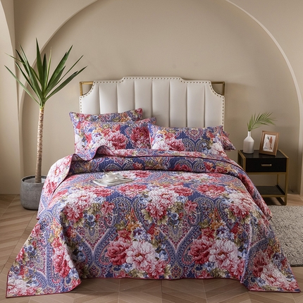 91家纺网 家纺一手货源 找家纺 星期三 2023年新款绗缝磨毛床盖三件套（加老板微信有会员价） 花月浓