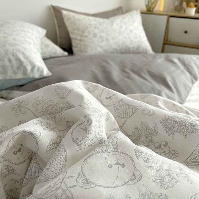 91家纺网 家纺一手货源 找家纺 千朵 2023新款13372全棉印花四件套 爱满园灰