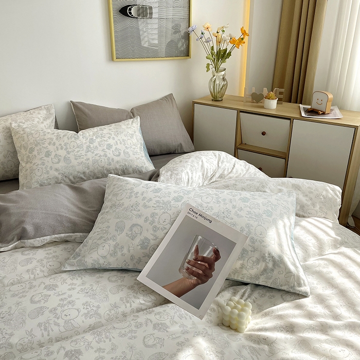 91家纺网 家纺一手货源 找家纺 千朵 2023新款13372全棉印花四件套 爱满园灰