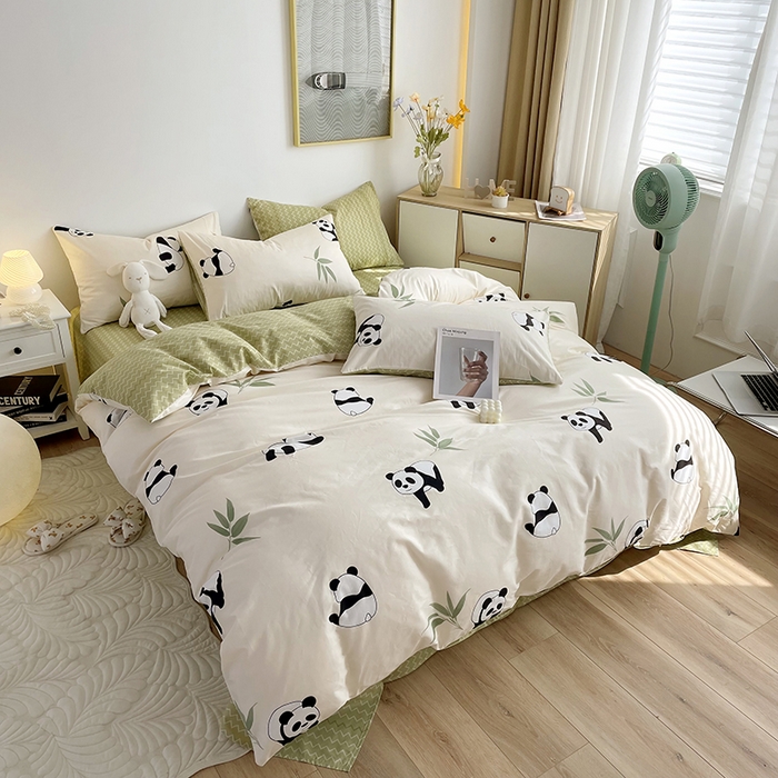 91家纺网 家纺一手货源 找家纺 千朵 2023新款13372全棉印花四件套 调皮熊猫