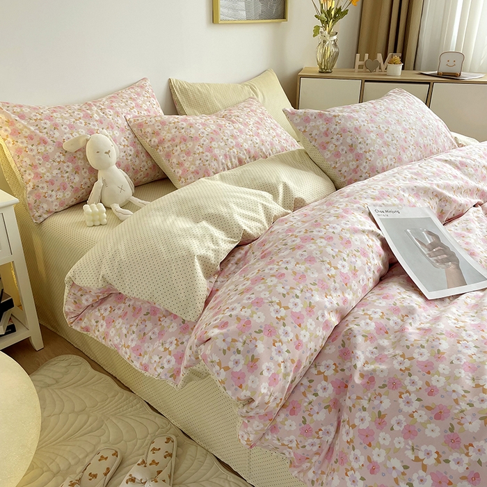 91家纺网 家纺一手货源 找家纺 千朵 2023新款13372全棉印花四件套 樱花粉