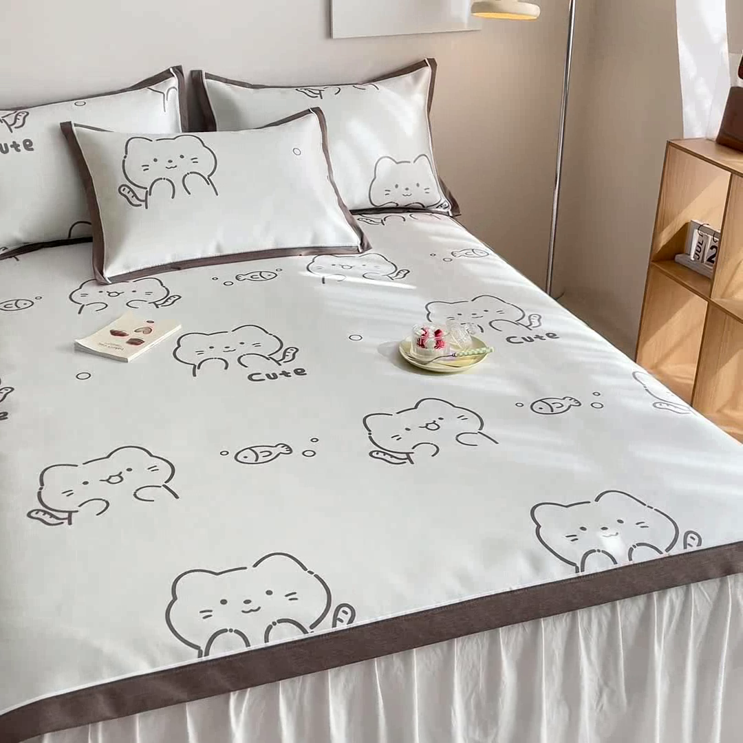 91家纺网 家纺一手货源 找家纺 懒猫 2024新款600D数码印花冰丝席 小猫爱鱼-咖