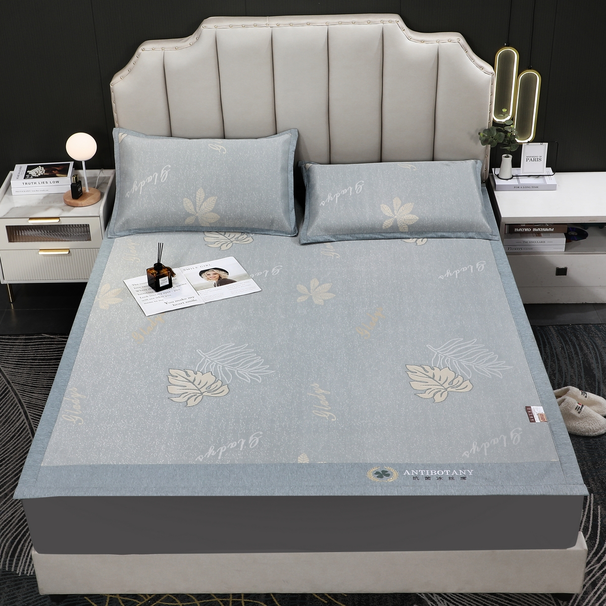 91家纺网 家纺一手货源 找家纺 新月家纺 2023新款防滑无纺布牛奶冰丝席 芭蕉叶