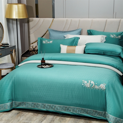 星尚2023新款100支长绒棉提花绣花四件套-迪奥 孔雀蓝