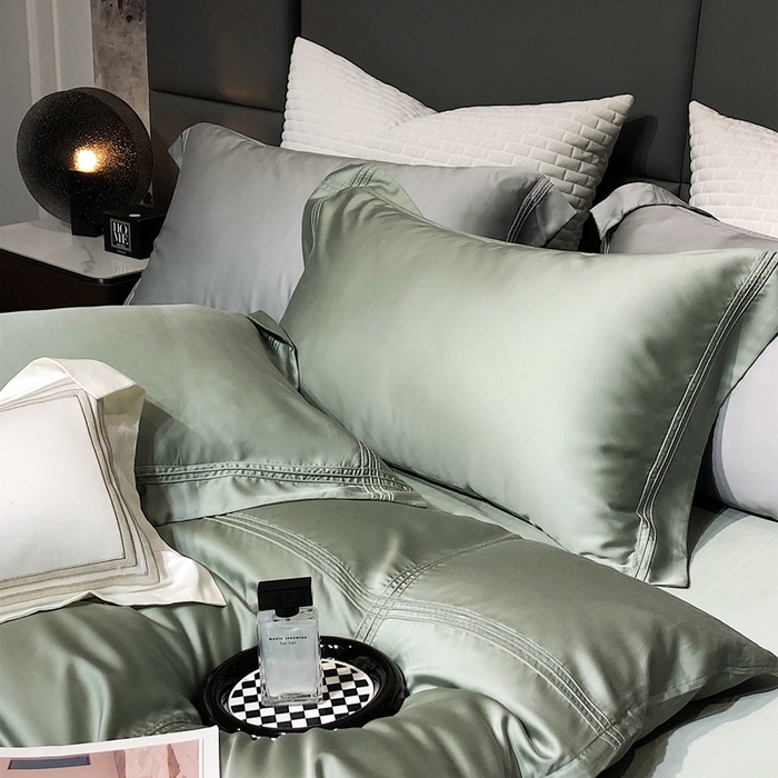 91家纺网 家纺一手货源 找家纺 涞澳 2023新款60支纯色天丝压线系列四件套--云汐系列 云汐-若绿